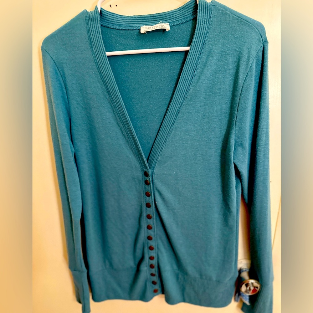 So Perla Womens Cardigan Sweater Size L Teal Long Sleeve V-Neck Snap Close